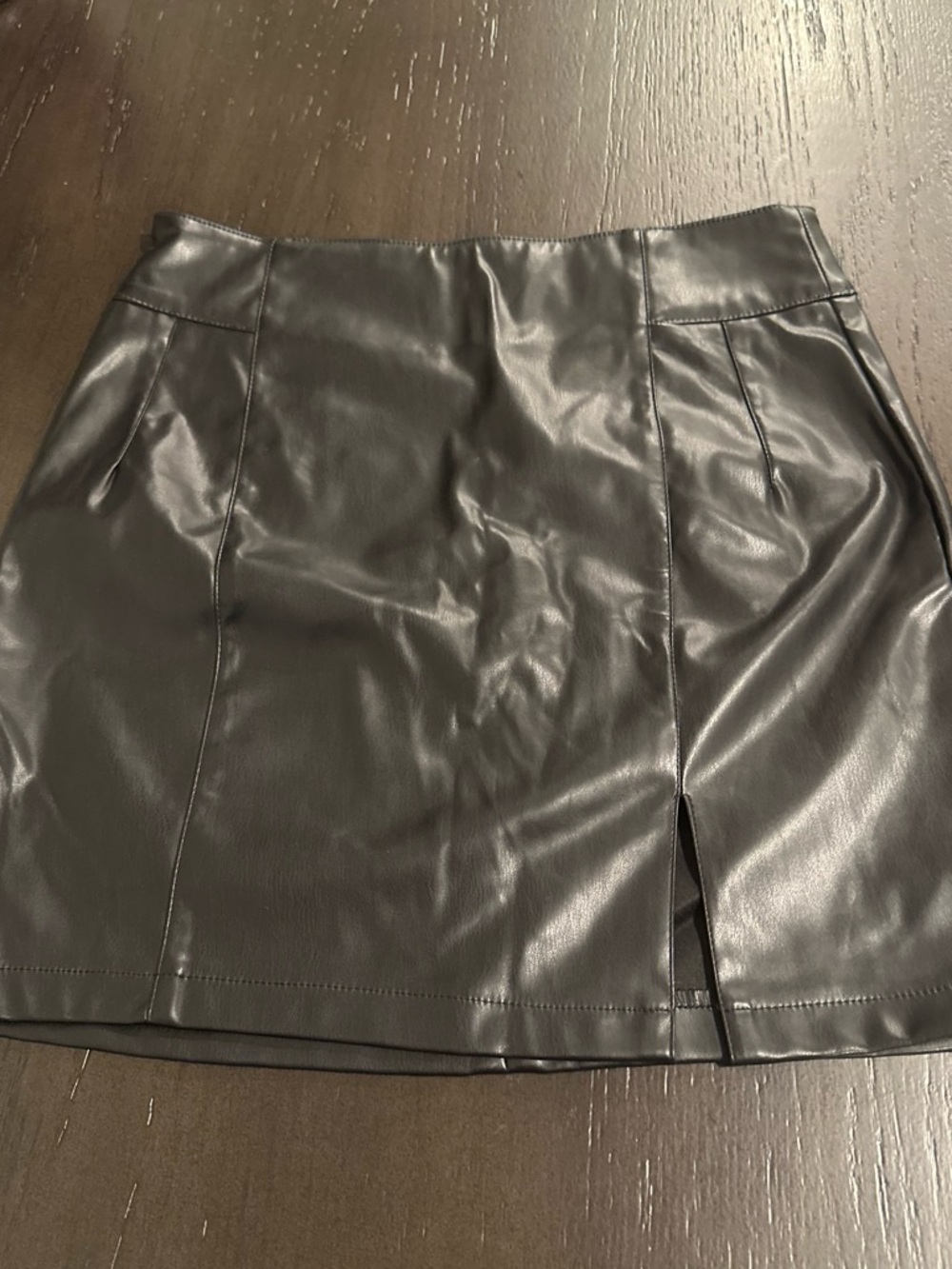 Black Faux Leather Mini Skirt with Front Slit